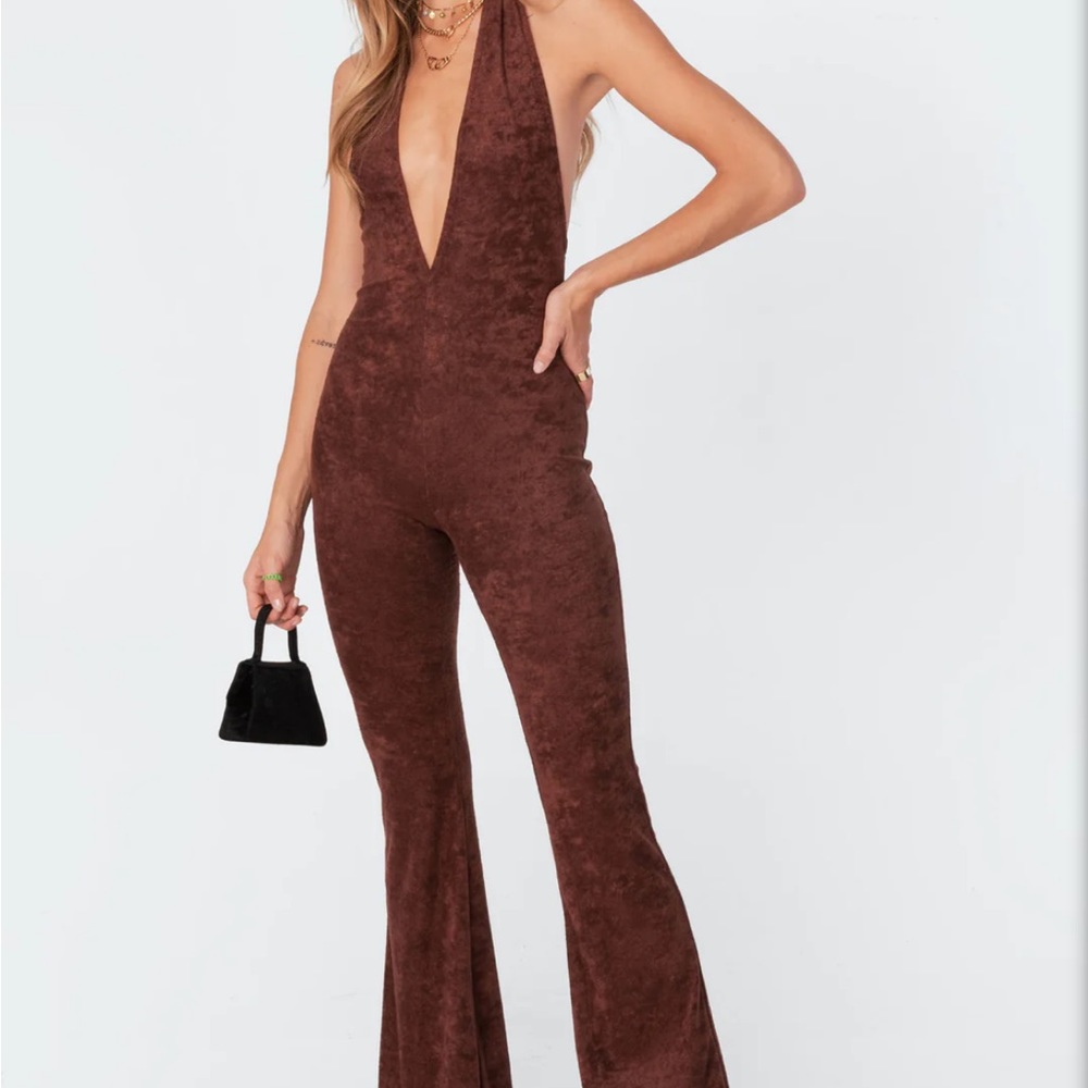 Brown Velvet Jumpsuit with Flare